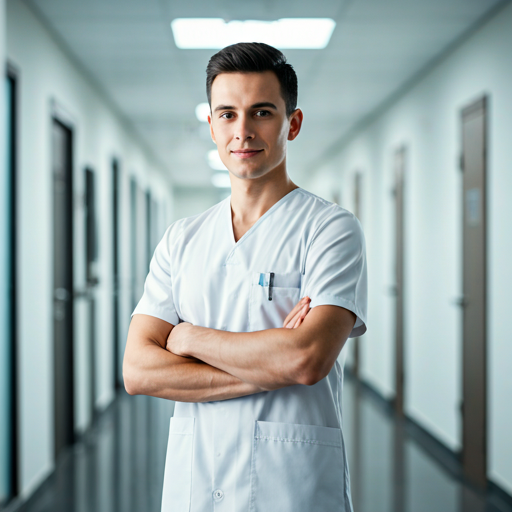 Physician in clinic corridor